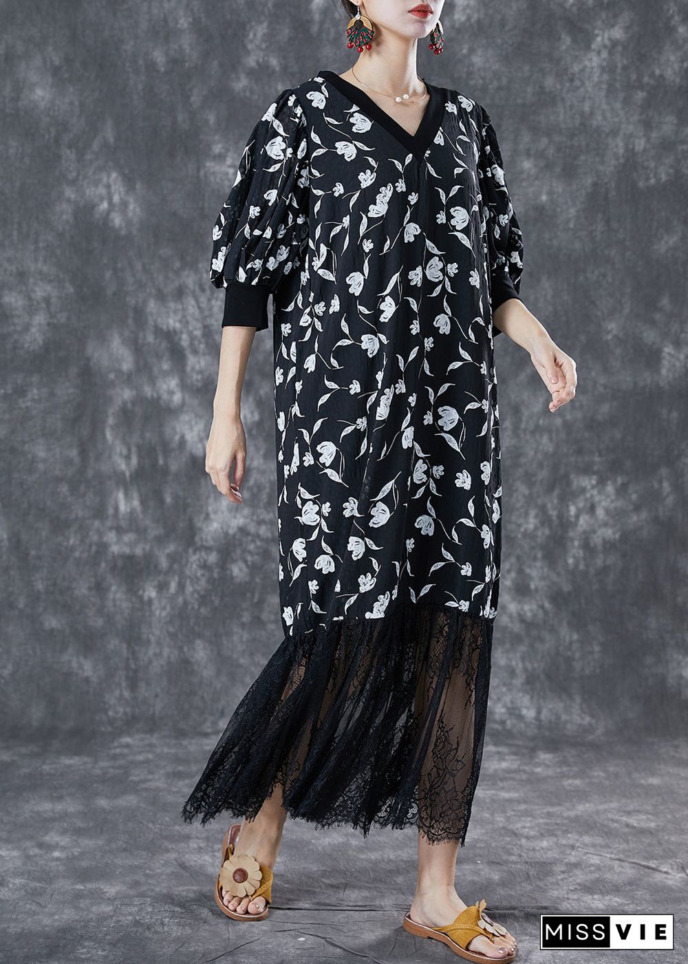 Stylish Black V Neck Lace Patchwork Print Chiffon Dresses Summer