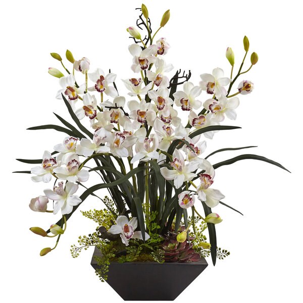 Nearly Natural Cymbidium Orchid with Black Vase Arrangement