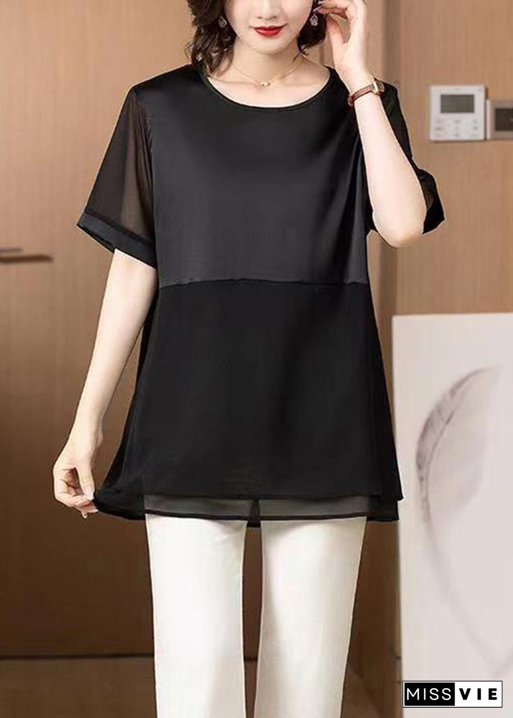 Loose Black O Neck Patchwork Chiffon T Shirt Tops Summer