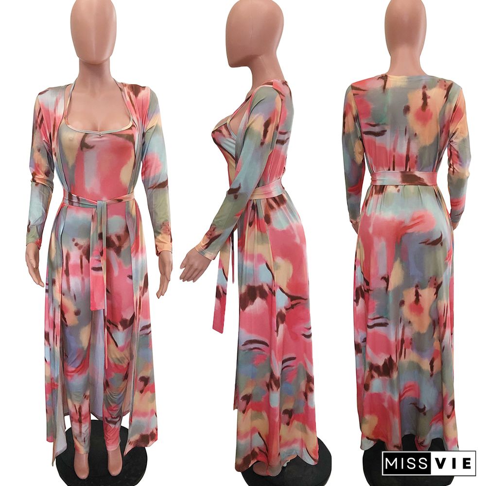 Fashion Printed Long Coat+Halter Jumpsuit Two-piece Set