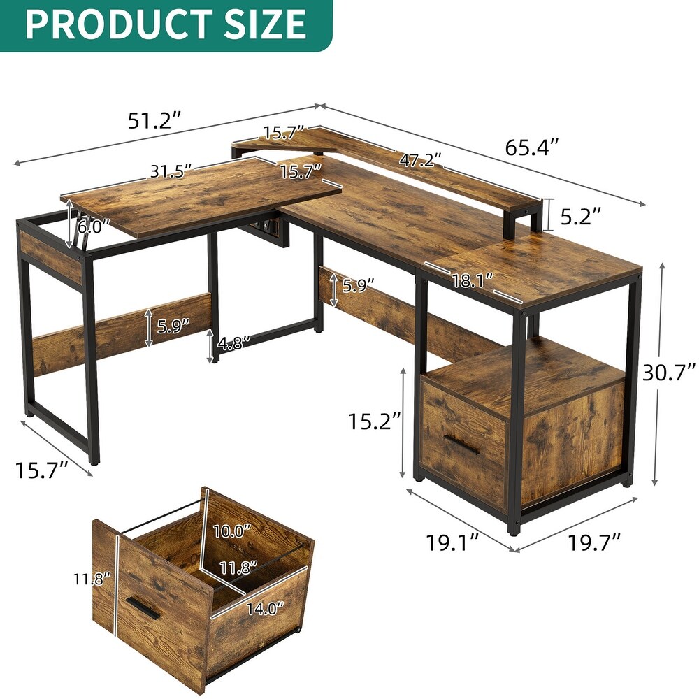 Moasis L Shaped Wood Computer Desk with File Drawer for Home Office