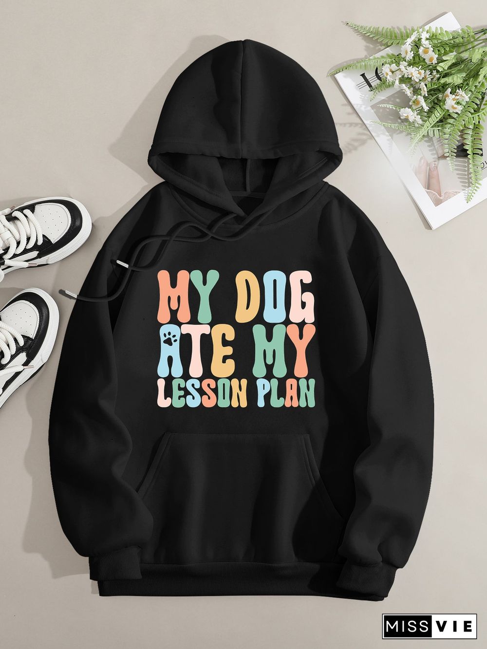 Printed on front Kangaroo Pocket Hoodie Long Sleeve for Women Pattern my dog ate my lesson plan