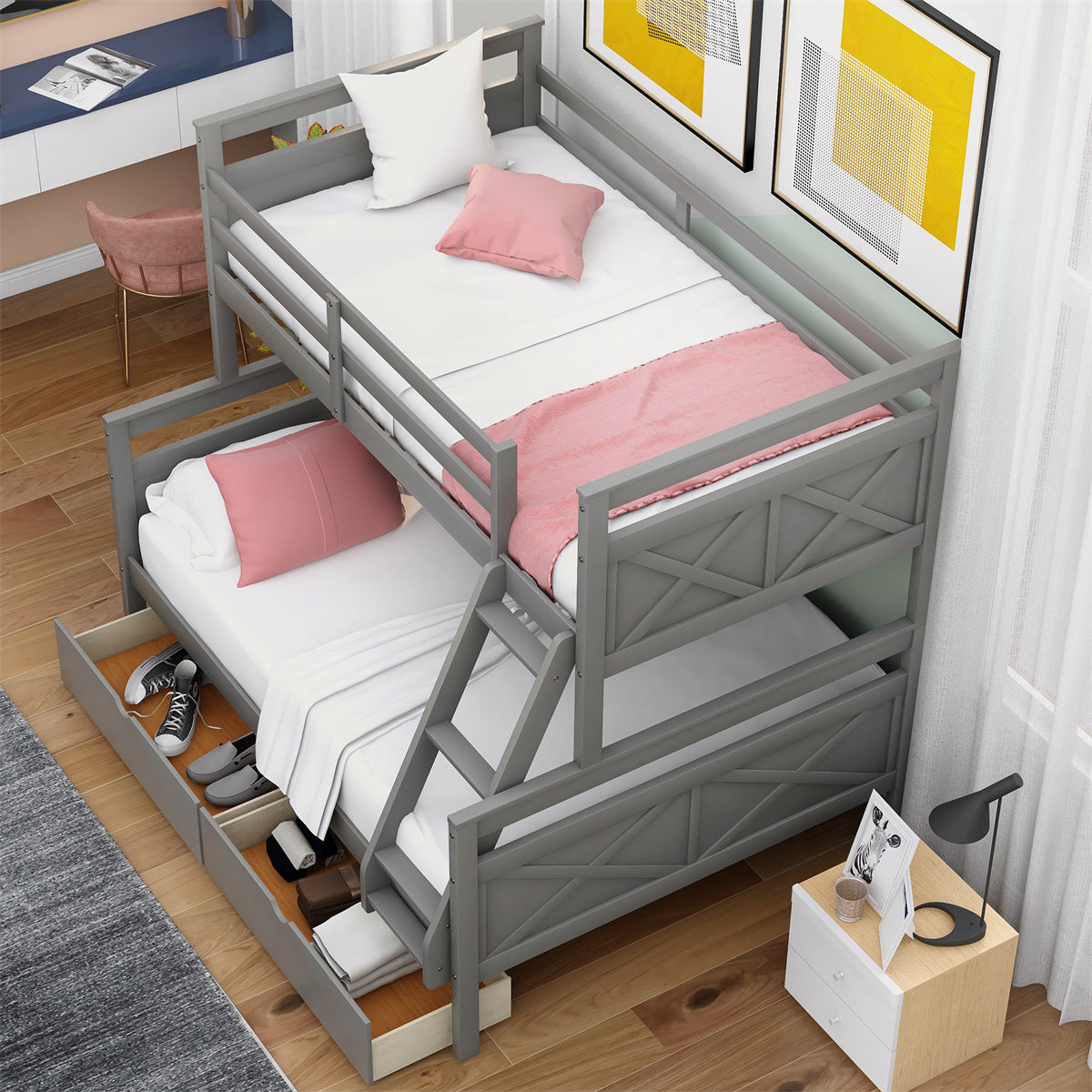 Twin Over Full Bunk Bed with Two Storage Drawers, Pine Wood Bed Frame and Guardrails and Ladder for Kids and Teens Trundle, Grey