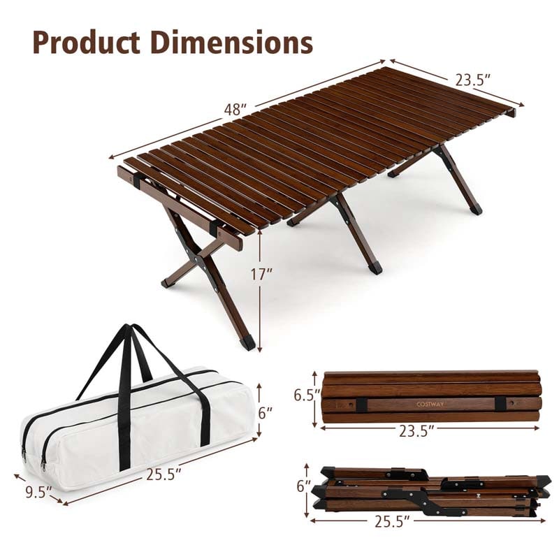 Folding Camping Table Portable Picnic Table with Carry Bag, Roll-up Bamboo Tabletop for BBQ Party Hiking