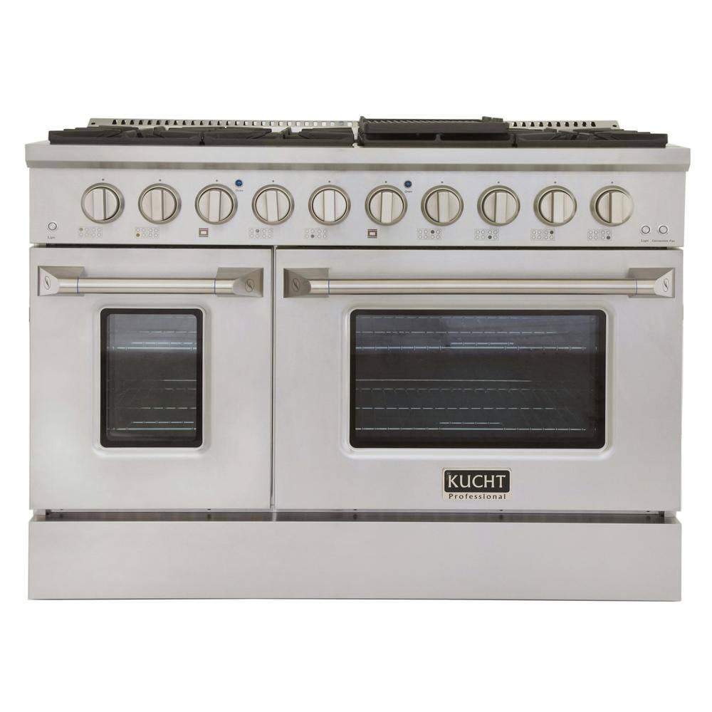 Kucht Pro-Style 48 in. 6.7 cu. ft. Double Oven Natural Gas Range with 8 Burners in Stainless Steel and Silver Oven Doors KNG481-S