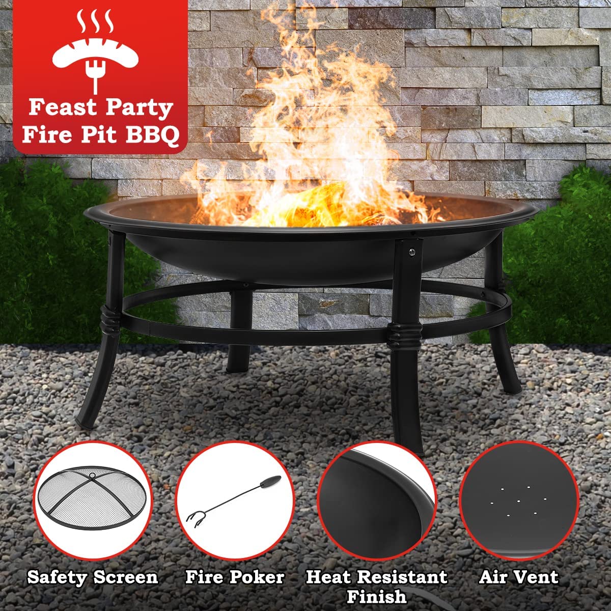 SINGLYFIRE 26 Inch Fire Pit for Outside Outdoor Wood Burning Firepit Bowl Heavy Duty Bonfire Pit Steel Firepit for Patio Backyard Camping Deck Picnic Porch with Spark Screen，Log Grate，Poker