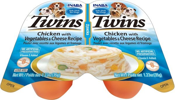 Inaba Twins Chicken with Vegetables and Cheese Recipe Grain-Free Dog Food Topper， 1.23-oz， pack of 2