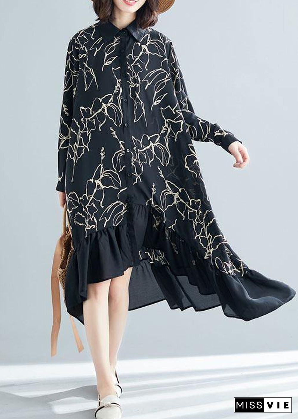 Modern black prints cotton dresses ruffles Plus Size summer Dresses