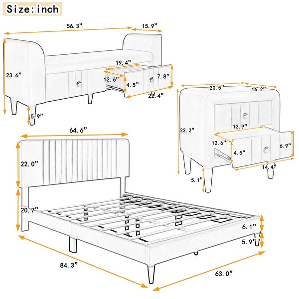 4-Pieces Upholstered Bedroom Sets w/ Platform Bed and 2 Nightstands and Storage Bench - - 37522169