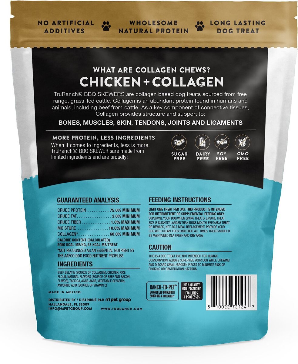 TruRanch BBQ Collagen Skewers Hard Chew Dog Treats， 5-in， 15 count