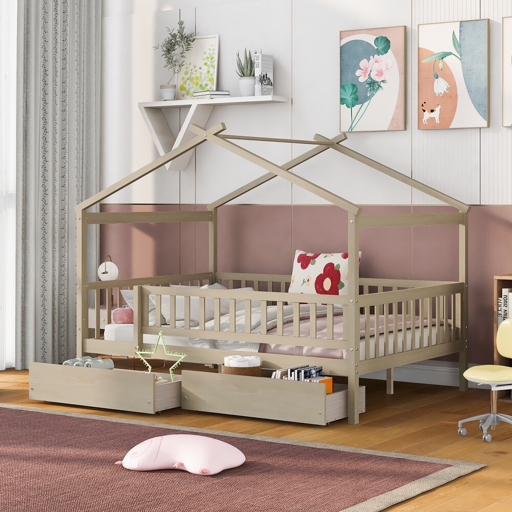 Full Size Wooden House shaped Bed with 2 Storage Drawers  Multi Colors Kids' Platform Bed  Funny Kids' Daybed