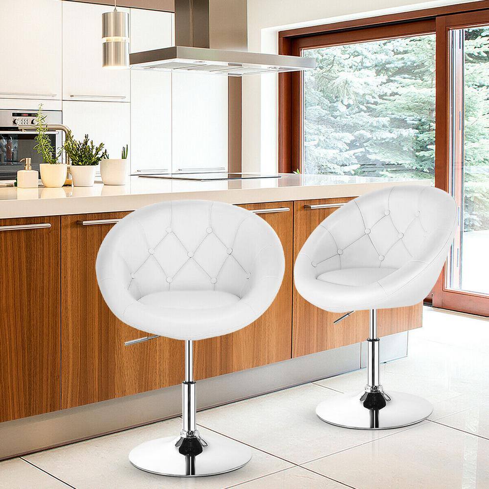 Gymax 36 in. Swivel Bar Stools Low Back Metal Height Adjustable Round Tufted Back Bar Chairs White (Set of 2) GYM05620