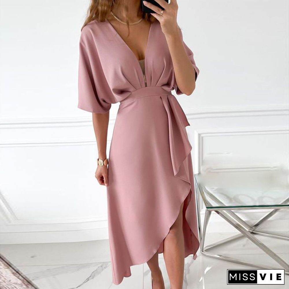 Trendy Pink Plain Short Sleeve V-Neck Midi Dress