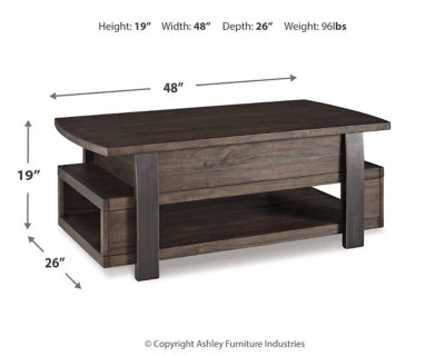 Signature Design by Ashley Vailbry Rustic Rectangular Lift Top Coffee Table with 2 Side Storage Compartments and Open Lower Shelf, Brown with Distressed Finish