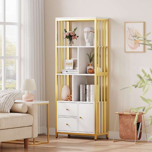 Trinity Bookshelf Modern Bookcase With Drawers Gold Storage Rack Shelf Tall Standing Bookshelves For Bedroom Living Room Home Office Gold