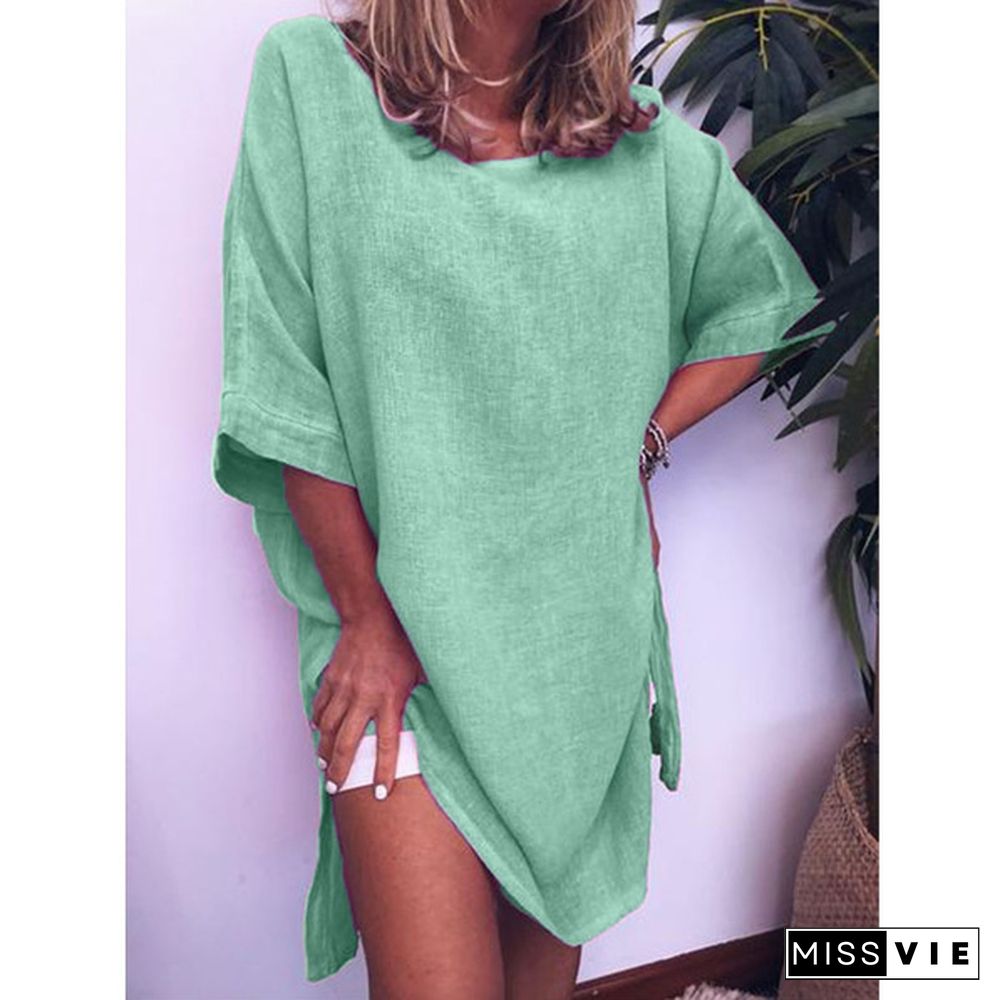 Women's Summer Casual Short Sleeve Plus Size Oversized T-shirt Dress Solid Color Loose Slit Hem Long Linen Blouses Side Slit Beach Wear Party Dress