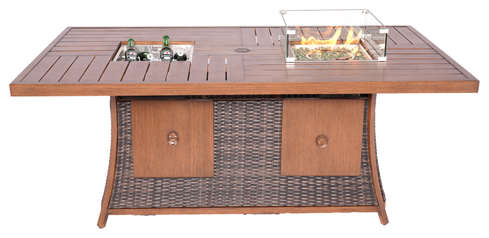 Pralia Outdoor Rectangular Fire pit Dining Table With Wind Guard and Ice Bucket   Tropical   Outdoor Dining Tables   by Abrihome  Houzz