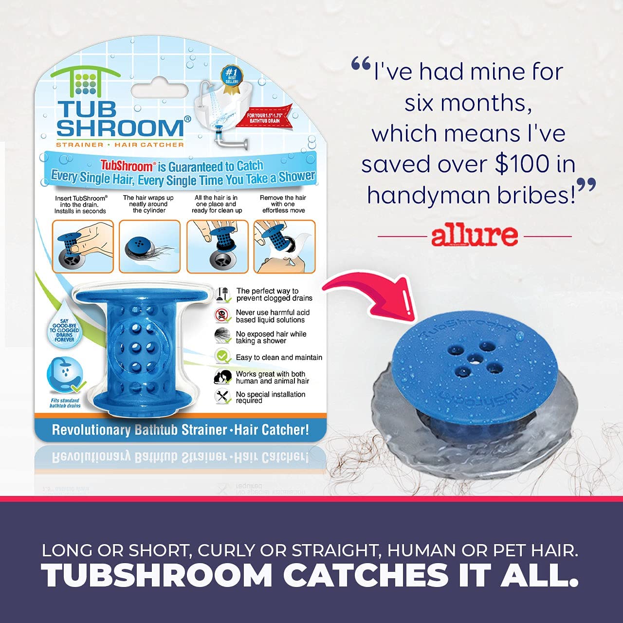 TubShroom Revolutionary Tub Drain Protector Hair Catcher