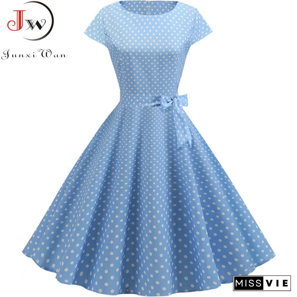 Women Summer Dresses Robe Vintage 1950s 60s Pin Up Big Swing Party Work Wear Rockabilly Dress White Polka Dot Vestidos