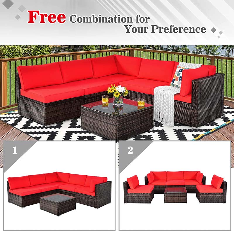 6 Pcs Rattan Patio Sectional Sofa Set Outdoor Conversation Furniture Set with Cushions & Glass Coffee Table