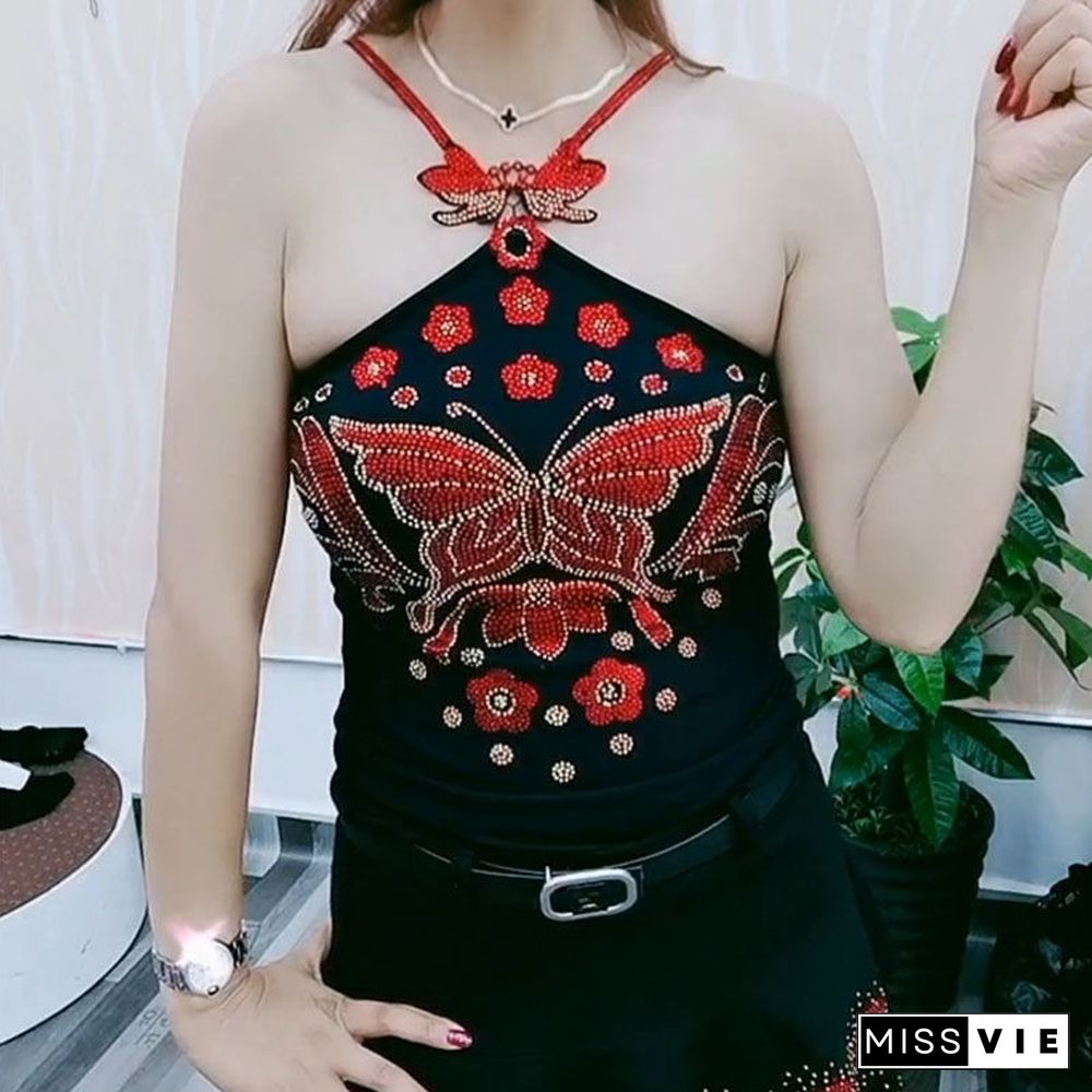 Fashion Women's Padded Gemstones Camisole Femme Lady Shiny Bling Bling Camis Women Rhainstones Butterfly Padded Tanks Tops