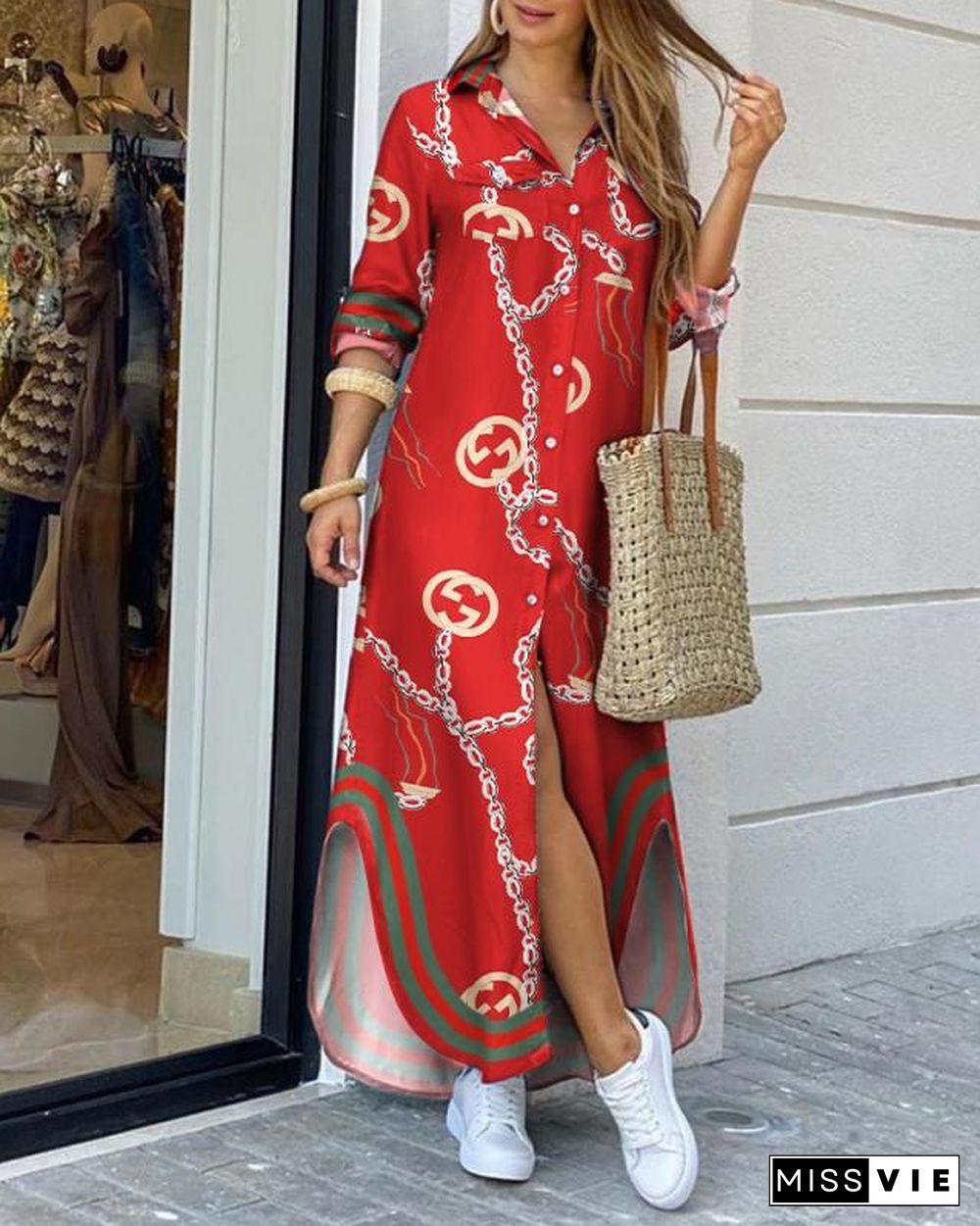 New Fashion Boho Dress Casual Loose Long Sleeve Chain Print Shirt Dress Long Dress Vestidos De Mujer