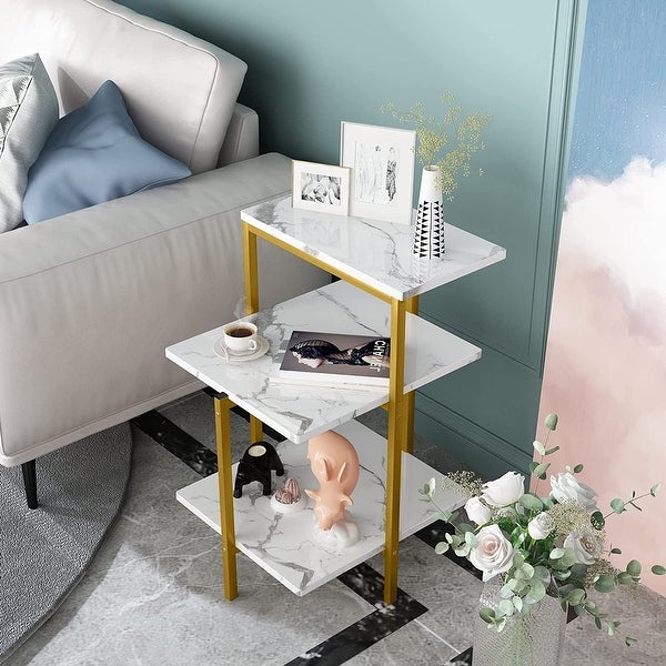 3-Tier Faux Marble Side Table， Small End Table with Storage Shelves， Sofa Side Table Bedside Table Nightstand for Living Room