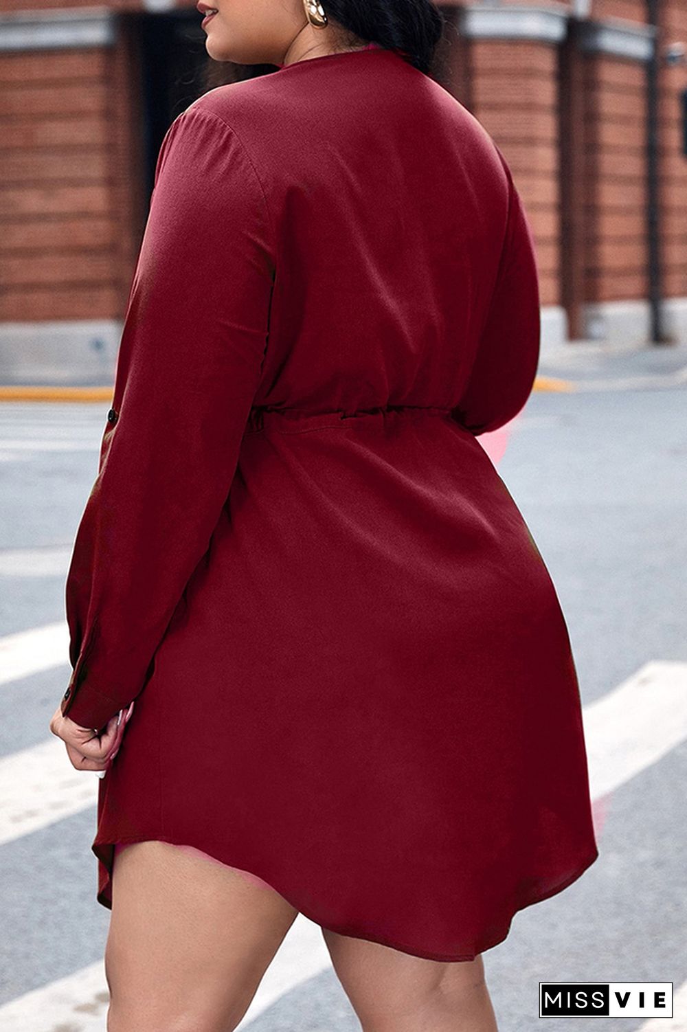 Plus Size Waist Tie Long Sleeve Ruffle Dress