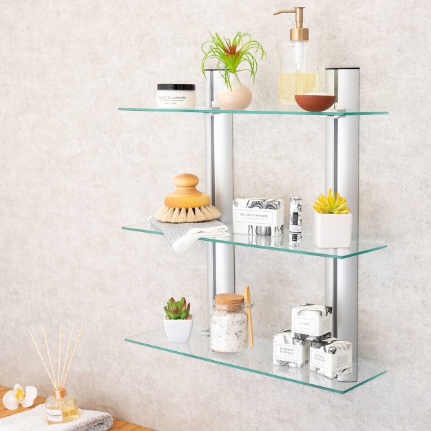 3 Tier Wall Mount Adjustable Glass Shelving Unit With Aluminum Bars Danya B