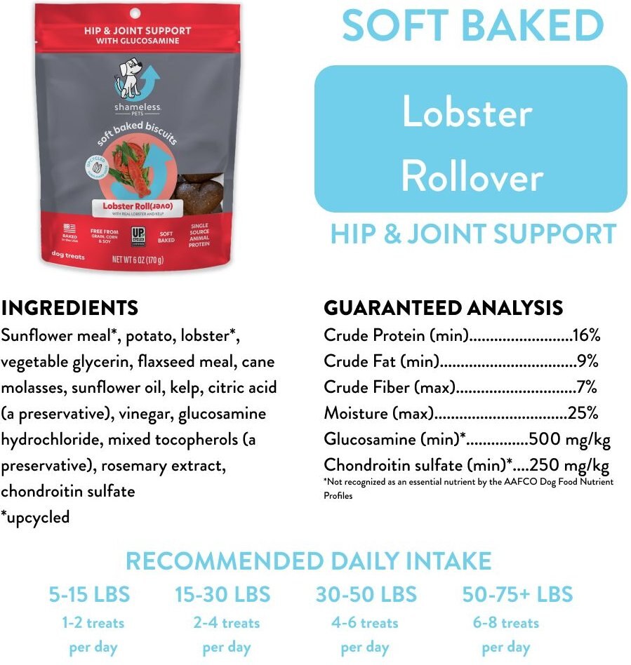 Shameless Pets Soft Baked Lobster Roll(over) Flavor Grain-Free Dog Treats， 6-oz bag