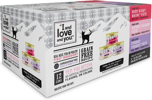 I and Love and You Variety Pack Wholly Cow!， Savory Salmon and Purrky Turkey Pate Canned Cat Food