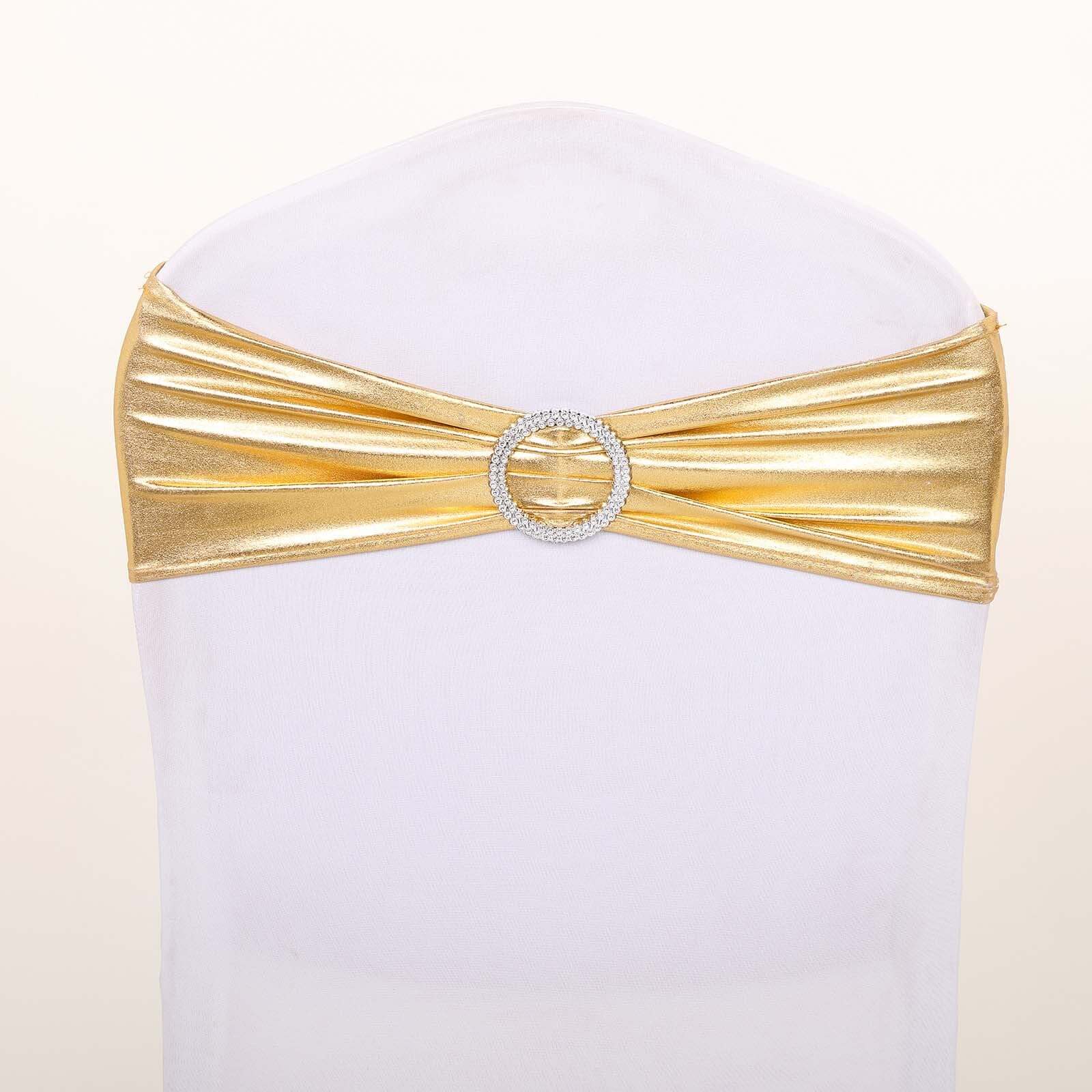 5 Pack Metallic Gold Spandex Chair Sashes With Attached Round Diamond Buckles