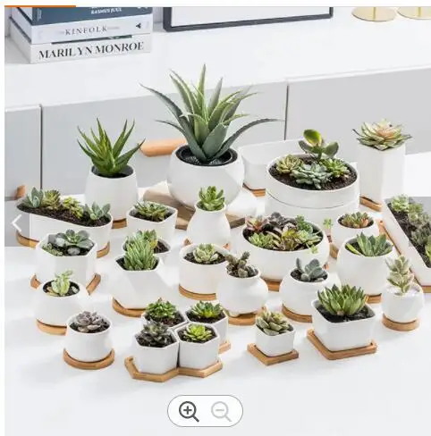 Wholesale Hot Sale Home Garden Dropshipping Geometric White Succulent Planter Pots Ceramic Plant Container with Bamboo Saucers