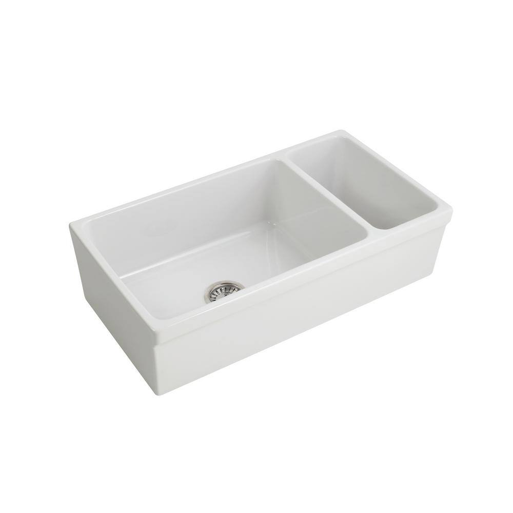 Barclay Products Lowell Farmhouse Apron Front Fireclay 36 in. 8020 Double Bowl Kitchen Sink in White FSDB1514-WH