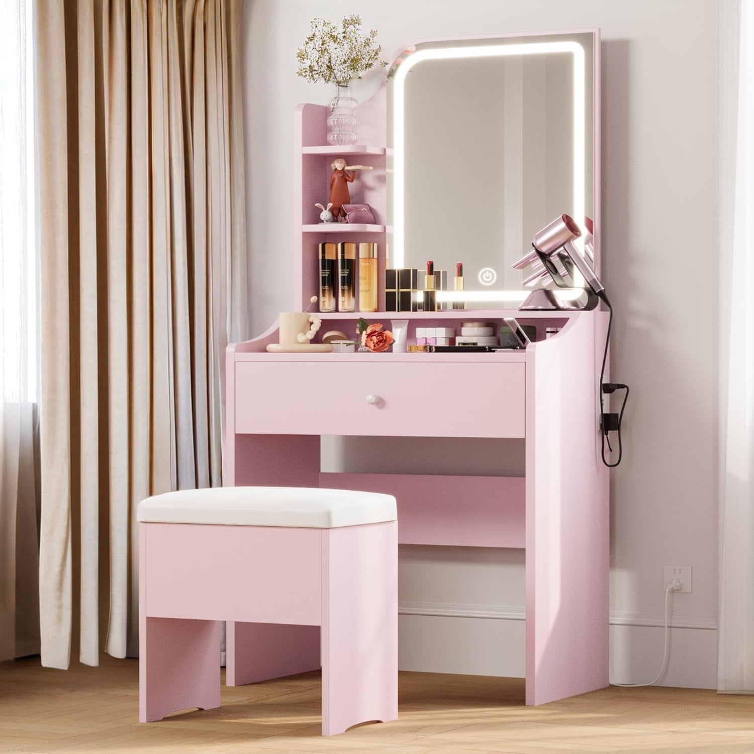 Makeup Vanity Desk with Upholstered Storage Stool Vanity Table Set with 1 Drawer, 3 Shelves, LED Light and USB Port