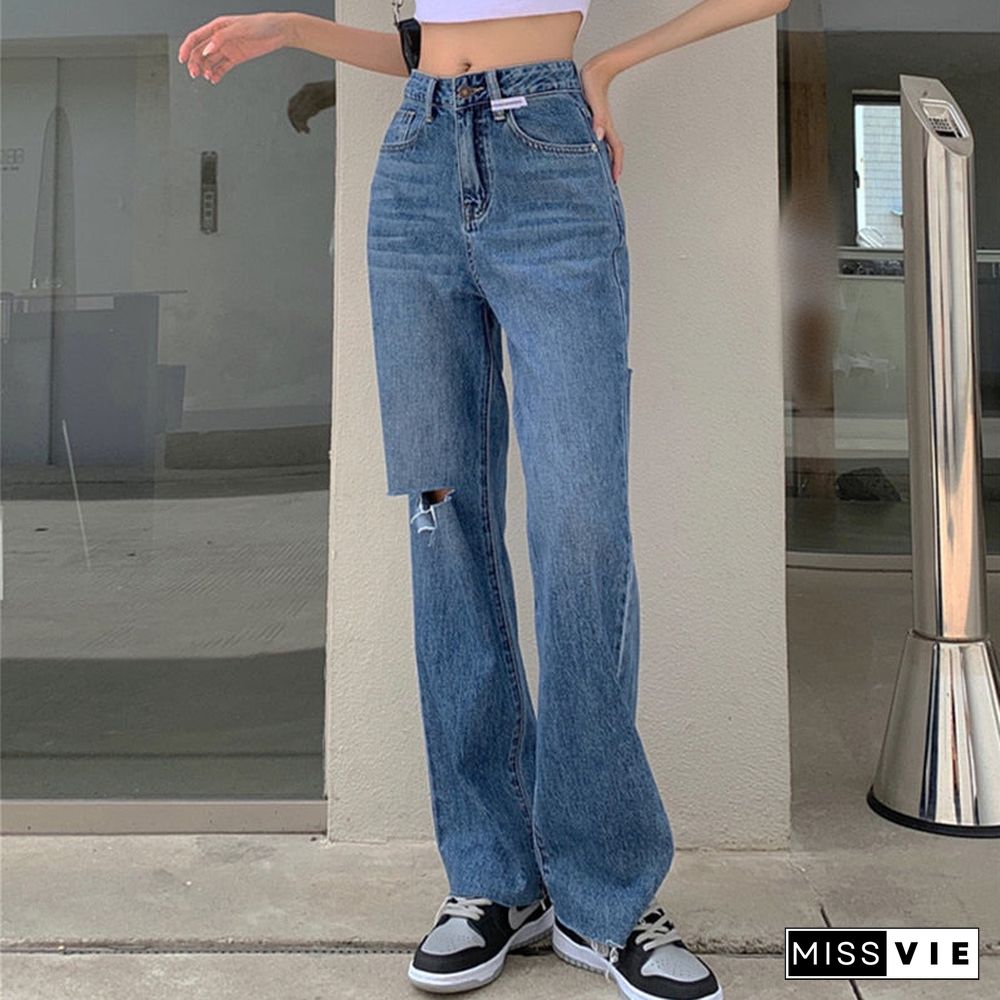 Woman Jeans Ripped High Waist Clothes Wide Leg Denim Clothing Streetwear Vintage Quality Fashion Harajuku Straight Pants