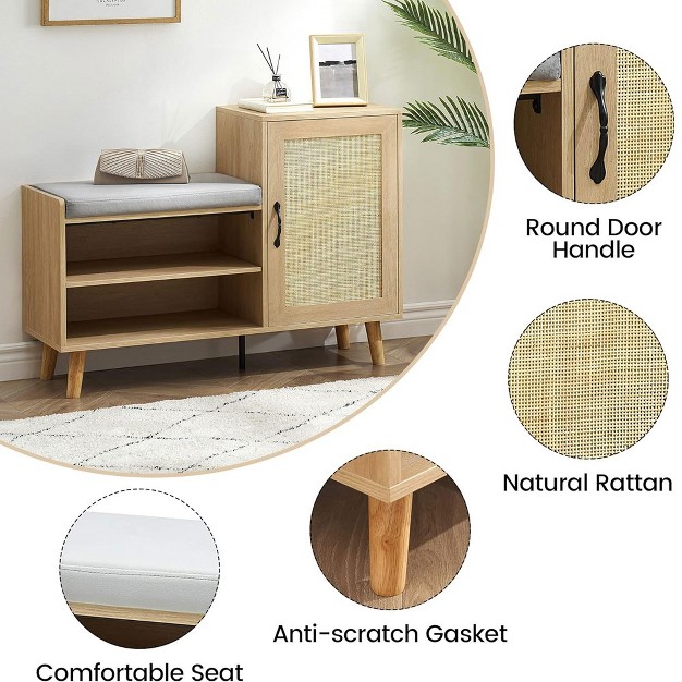 Trinity Shoe Bench With Storage Shoe Cabinet 2 in 1 Rattan Shoe Cabinet With Seat Cushion For Entryway Hallway Living Room Wood Color