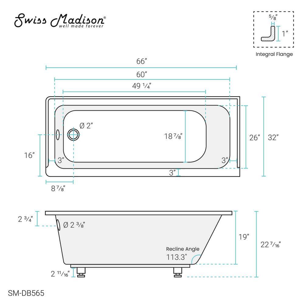 Swiss Madison Voltaire 66 x 32 in Acrylic LeftHand Drain with Integral Tile Flange Rectangular Dropin Bathtub in white