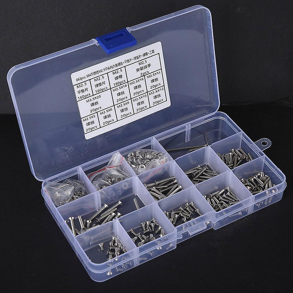 662pcs SUS304 M2.5 Countersunk Hex Socket Screw Nut Flat Washer Spring Gasket Assorted Kit