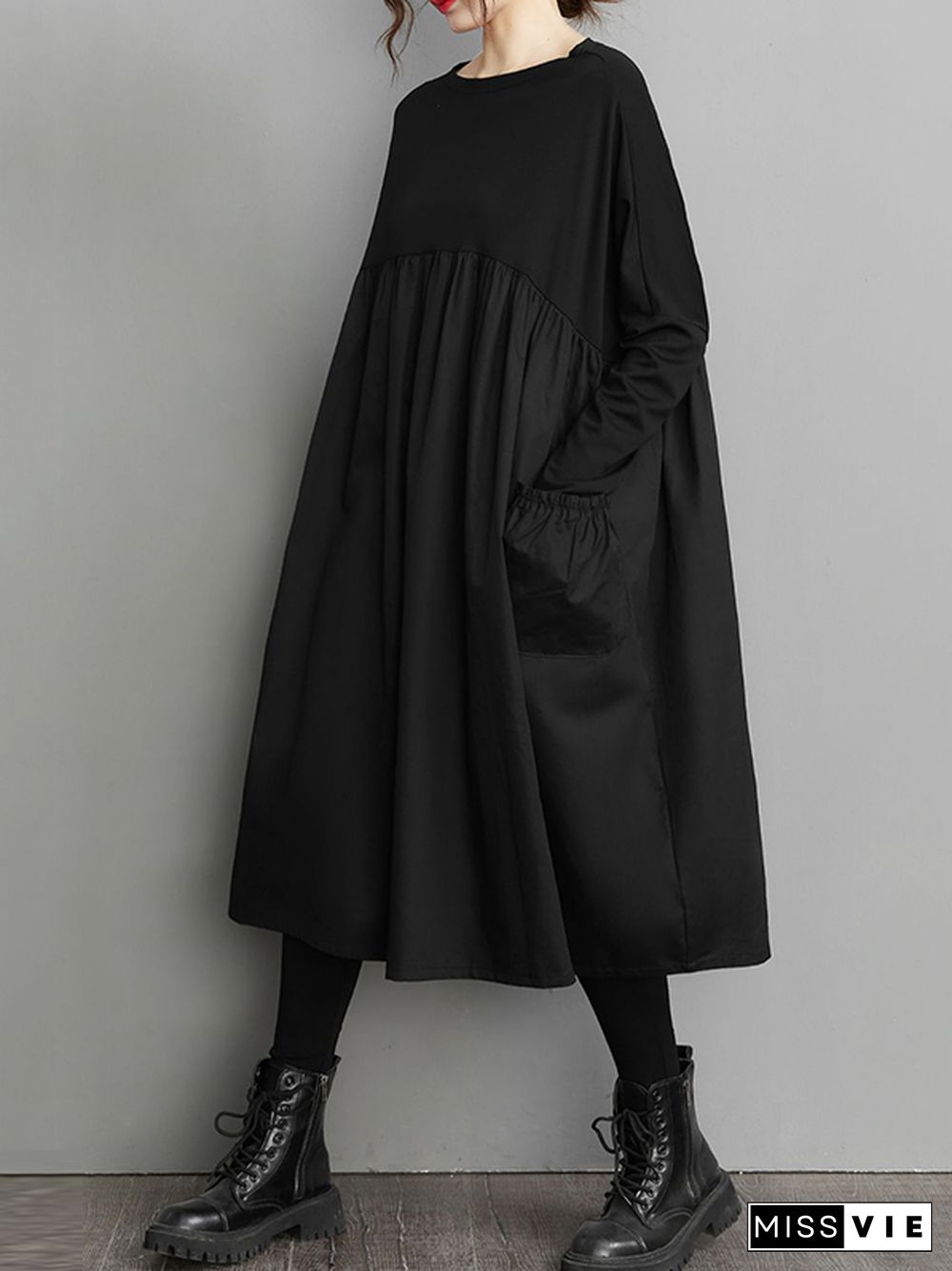 Simple Loose Black Split-Joint Long Sleeves Midi Dress