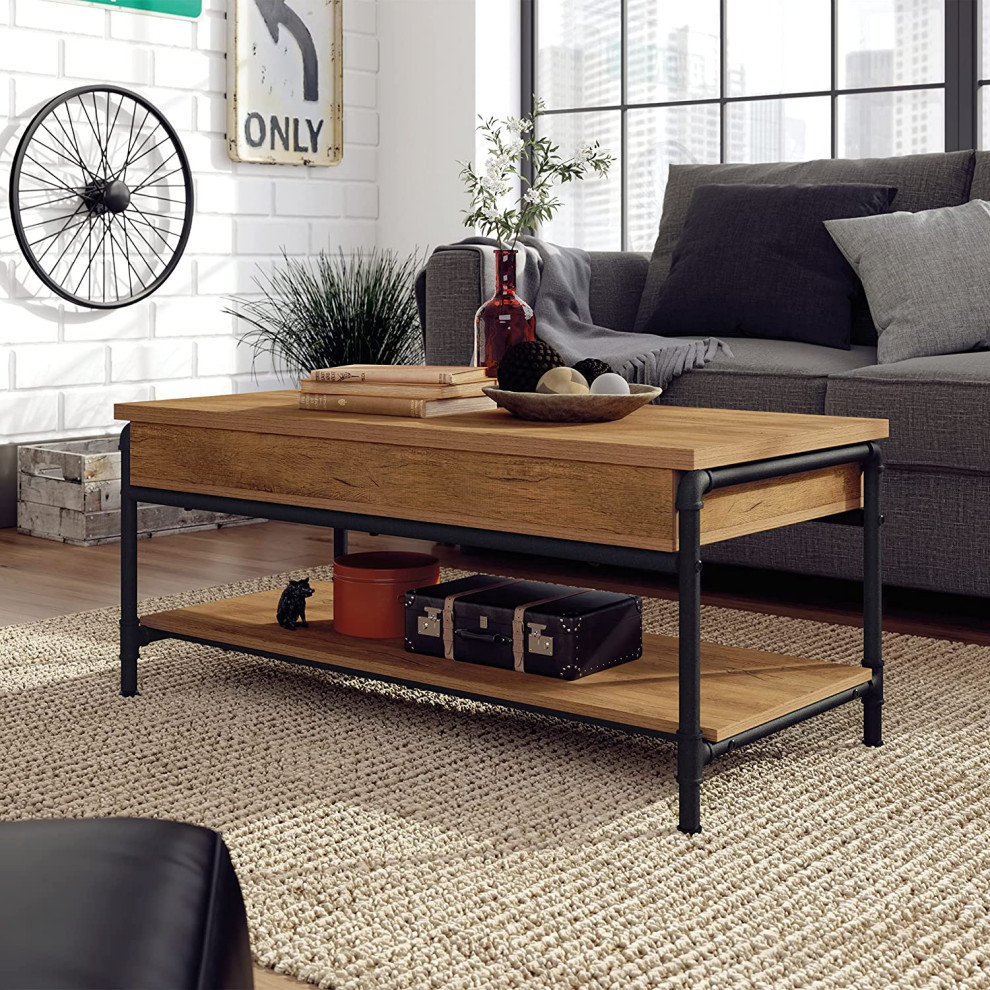 Industrial Coffee Table  Pipe Style Metal Frame  ampLift Up Top  Black/Checked Oak   Industrial   Coffee Tables   by Decor Love  Houzz