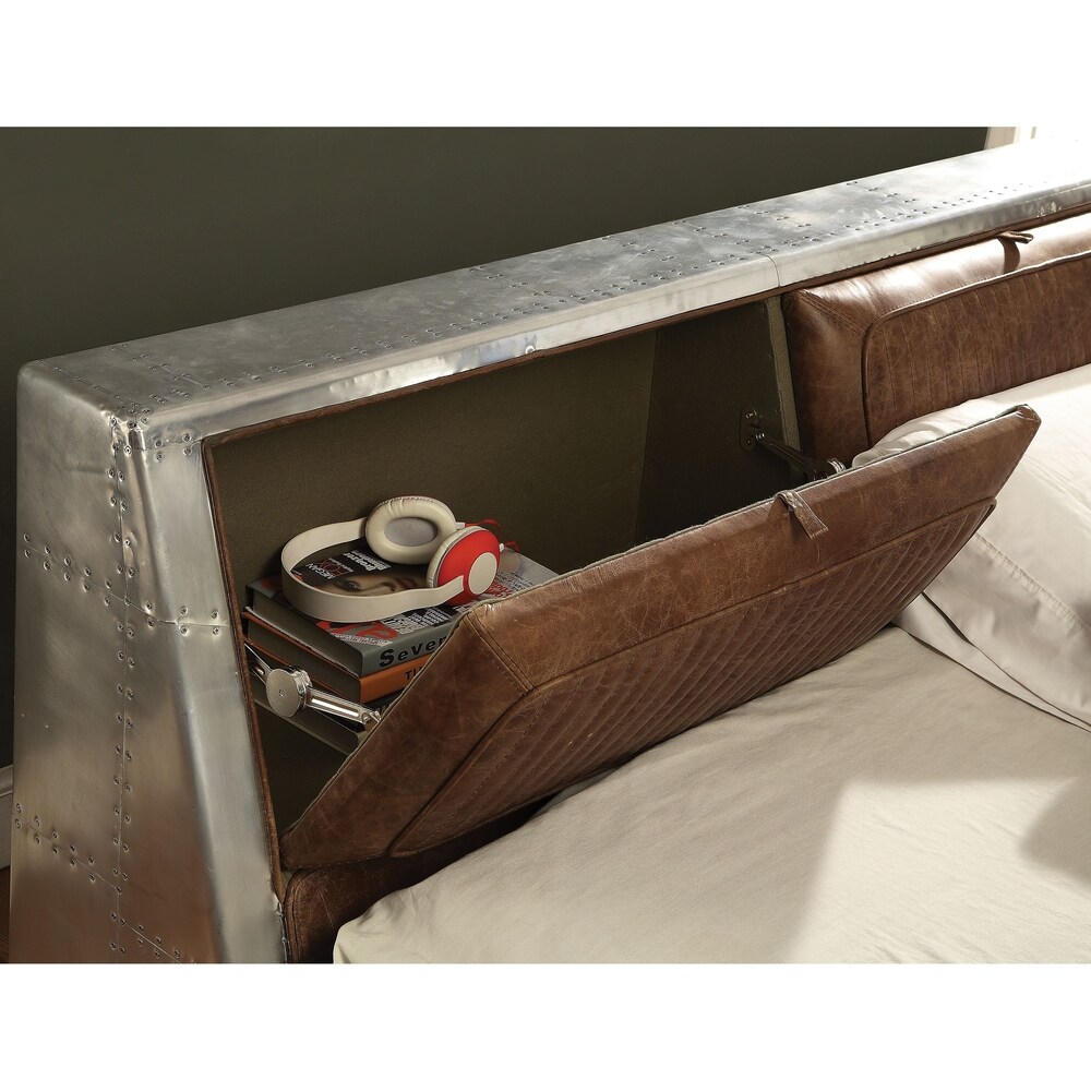 Acme Furniture Brancaster Storage Queen Bed  Retro Brown Top Grain Leather and Aluminum