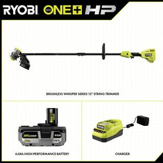 RYOBI ONE+ HP 18V Brushless Whisper Series 15 in. Cordless Battery String Trimmer with 6.0 Ah Battery and Charger P20190