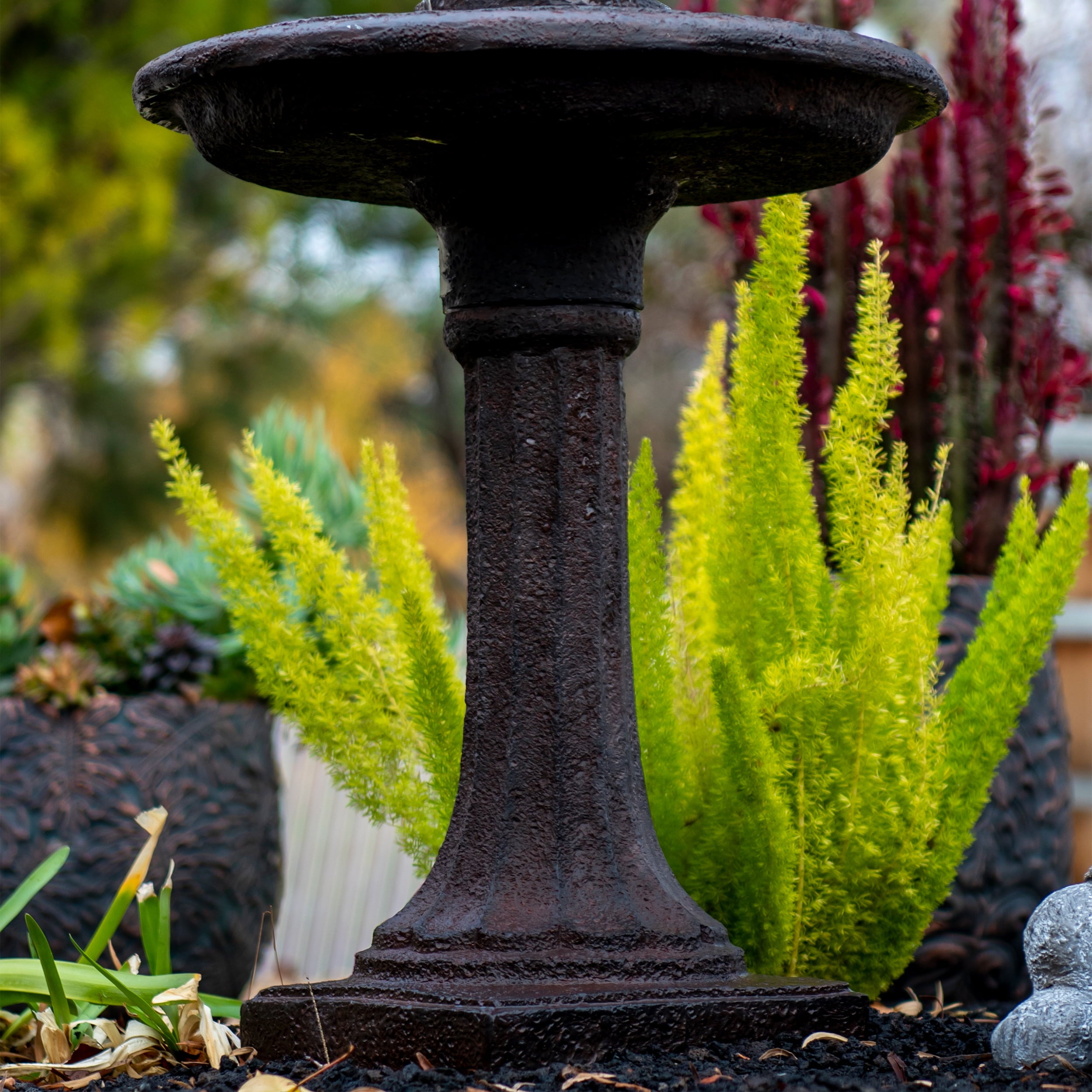 XBrand 28" Bird bath Water Fountain, 1-Tier, Outdoor, Brown Resin, Auto Shut Off Pump for Home Garden Yard Décor