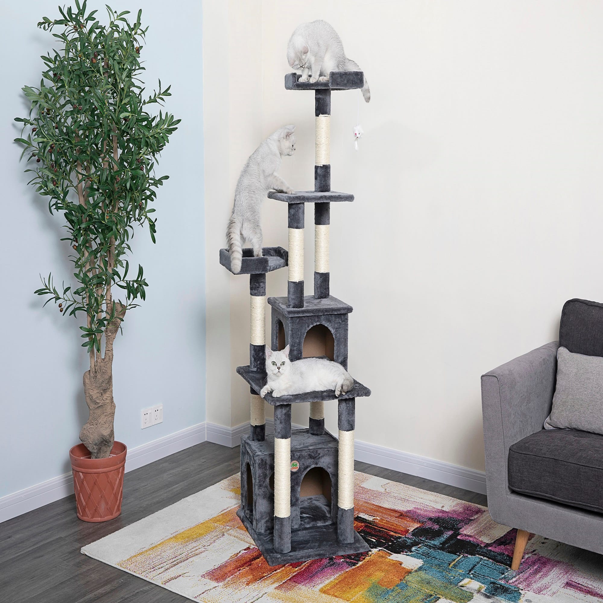 Go Pet Club Classic Gray Cat Tree Condo Furniture with Sisal Scratching Posts， 67.25