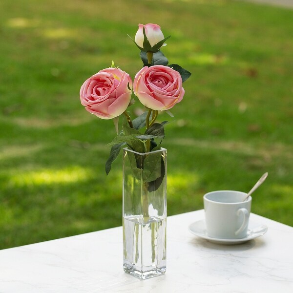 Enova Home Artificial Silk Rose Flower in Clear Glass Vase Faux Rose Flower with Vase For Home Office Decoration