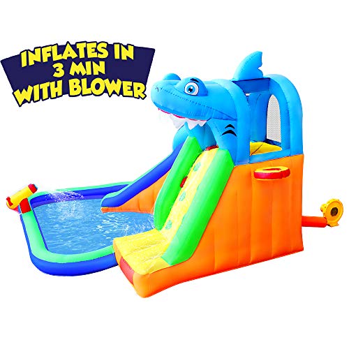 BESTPARTY Inflatable Kids Water Shark Slide, Pool Water Slide for Toddler, Bouncy Jumper, Splash Park for Outdoor Fun with Blower