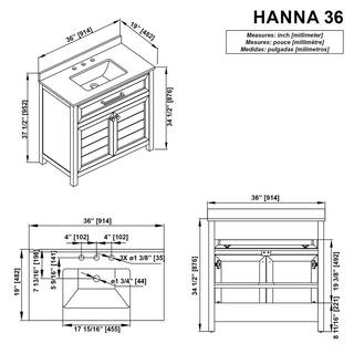 Home Decorators Collection Hanna 36 in. W x 19 in. D x 34.50 in. H Freestanding Bath Vanity in White with White Engineered Stone Top Hanna 36W