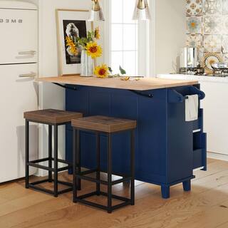 Blue Wood 50.3 in. Kitchen Island Set with Drop Leaf and 2-Seatings Dining Table Set with Storage Cabinet Drawers LH-649