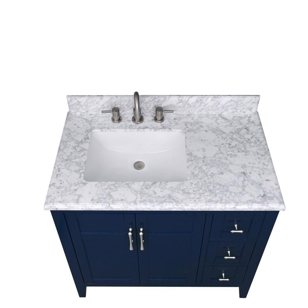 Home Decorators Collection Sturgess 37 in. W x 22 in. D x 35 in. H Bathroom Vanity in Navy Blue with Carrara White Marble Top 19111-VS37-NB